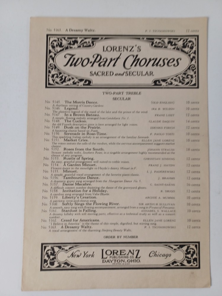 1933 Grandfather&rsquo;s Clock Piano & Female Voices Sheet Music by G. Trinkaus VTG