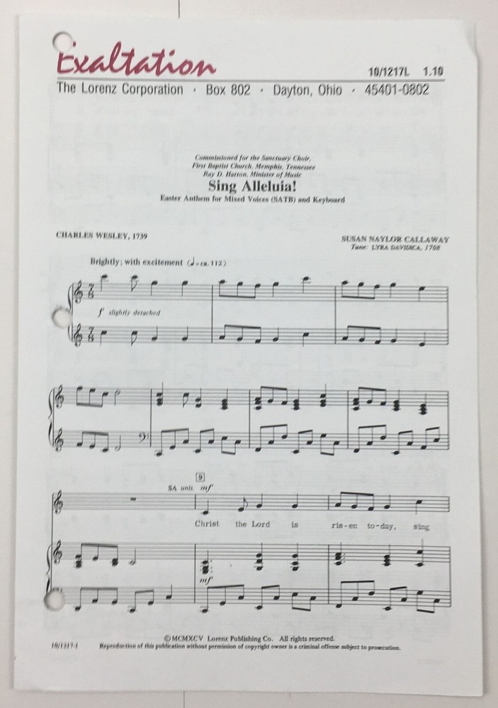 Sing Alleluia Easter Anthem SATB Keyboard Mixed Voices Sheet Music Lorenz Pub