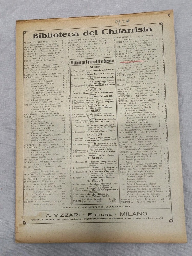 Luigi Legnani Op 34 Grande Capriccio Guitar Sheet Music Classical Italian Vtg