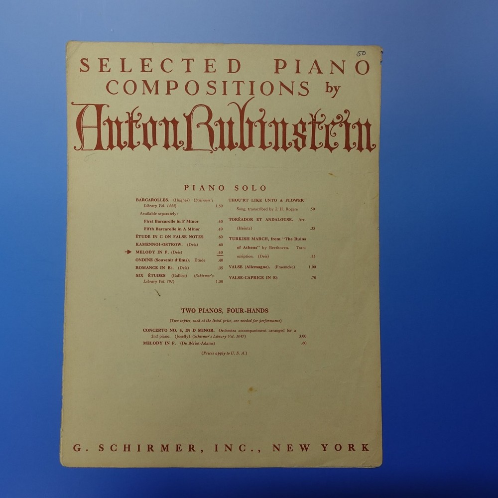 Rubinstein Selected Piano Compositions Songbook G. Schirmer Piano Solo