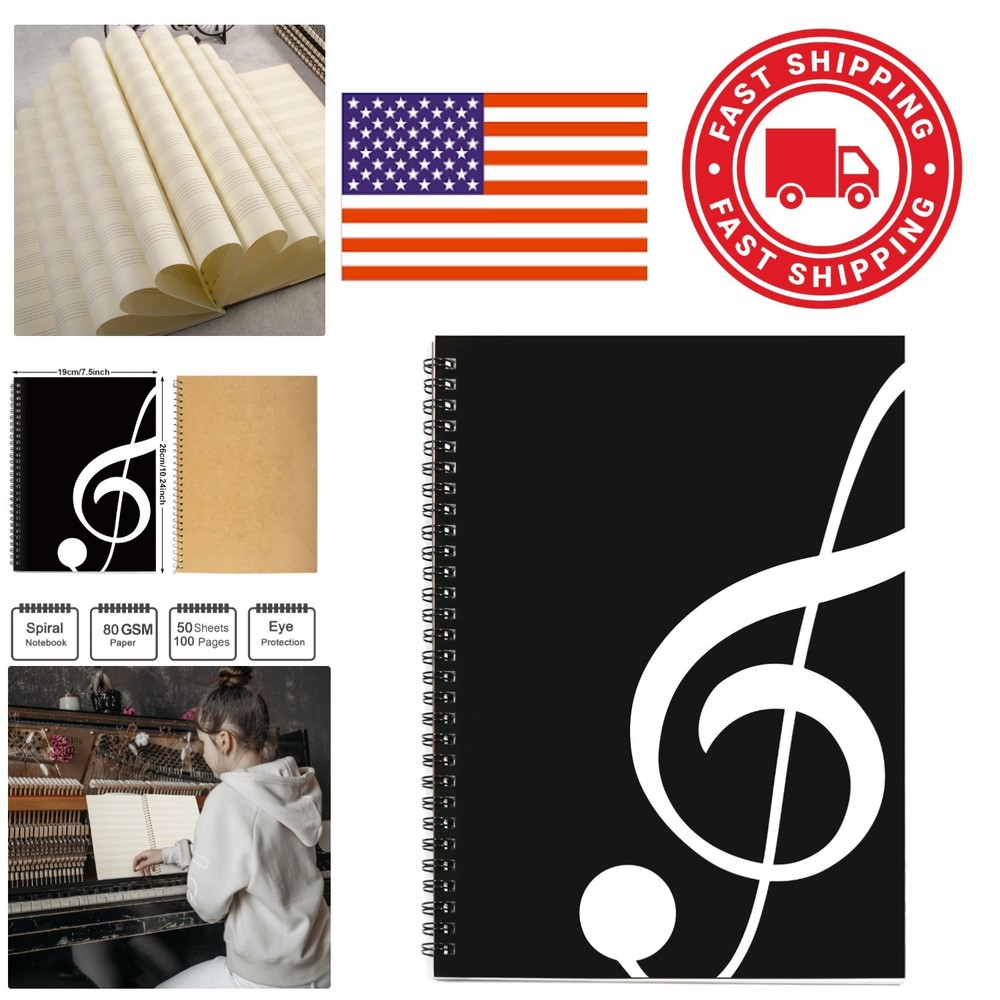 Music Composition Manuscript Notebook 100 Pages Black Coil Binding 26 by 19 Cm