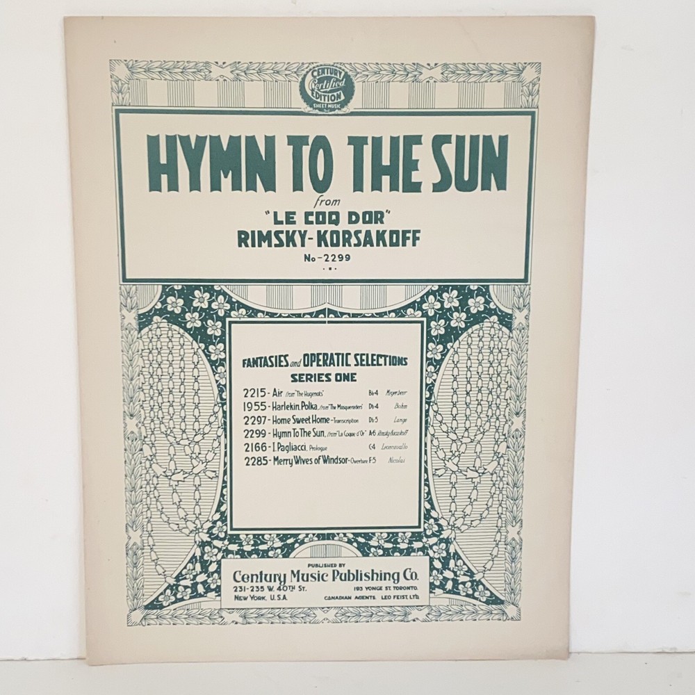 Antique 1924 Hymn To The Sun Sheet Music by N Rimsky Korsakoff from Le Coq D&rsquo;or