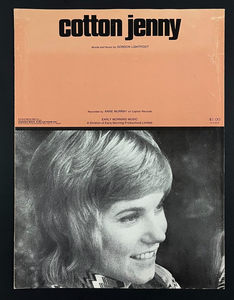 1971 Cotton Jenny Anne Murray Lightfoot Piano Vocal Guitar Vintage Sheet Music