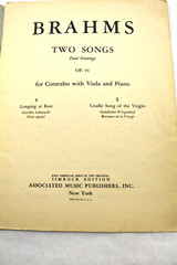 Brahms Two Songs Zwei Gesange OP.91 for Contralto with Viola & Piano Song Book