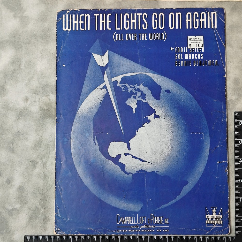 1942 When The Lights Go On Again Sheet Music WWII Homefront Song Seller Marcus!!