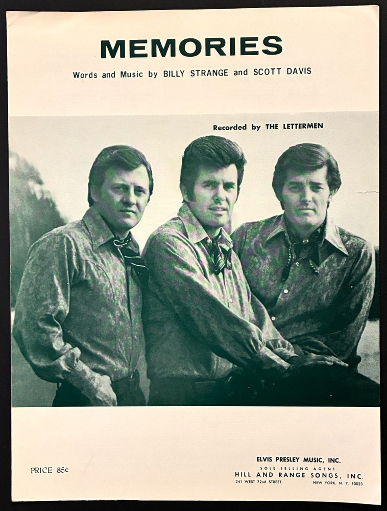 1969 THE LETTERMEN « MEMORIES » SHEET MUSIC POP ROCK ERA ELVIS PRESLEY MUSIC INC
