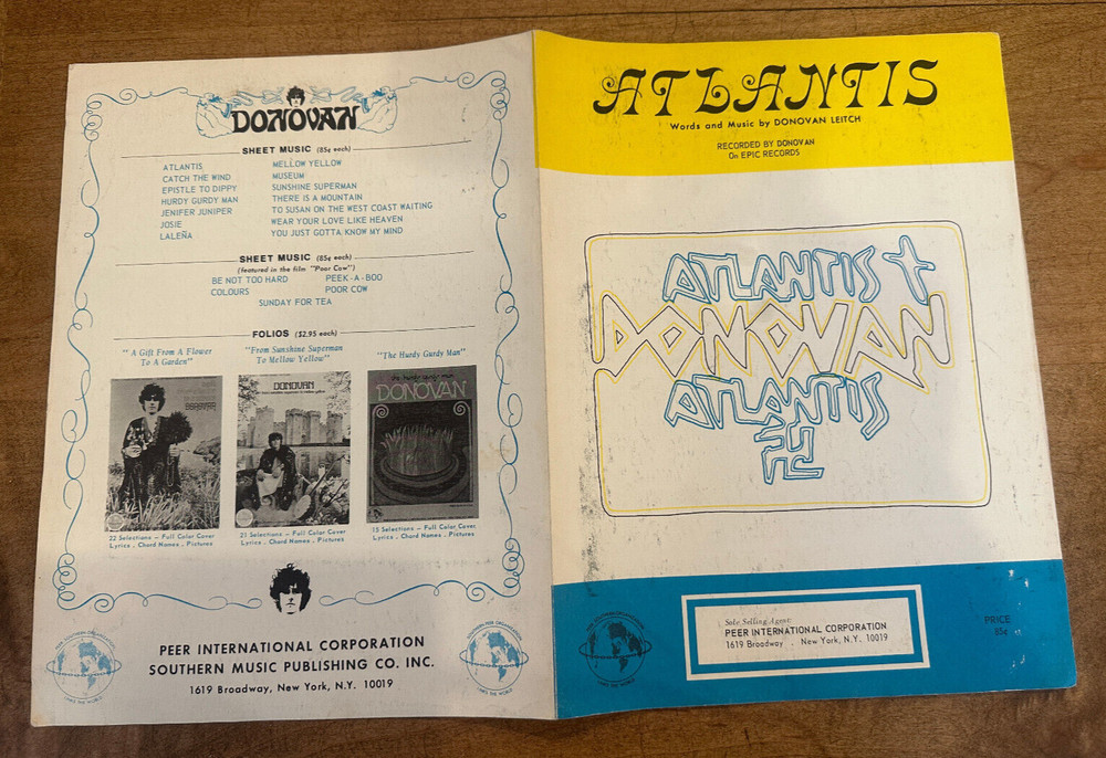 Atlantis Original 1968 Sheet Music Donovan Leitch Folk Psych Rock Pop