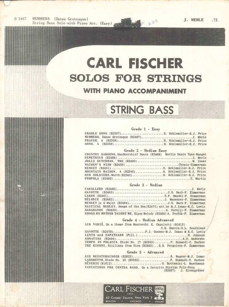 Vintage Mummers String Bass Solo Sheet Music Piano 1939 Merle Danse Grotesque