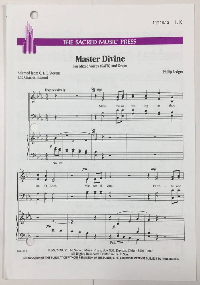 Master Divine Piano Sheet Music For Mixed Voices SATB & Organ By Philip Ledger
