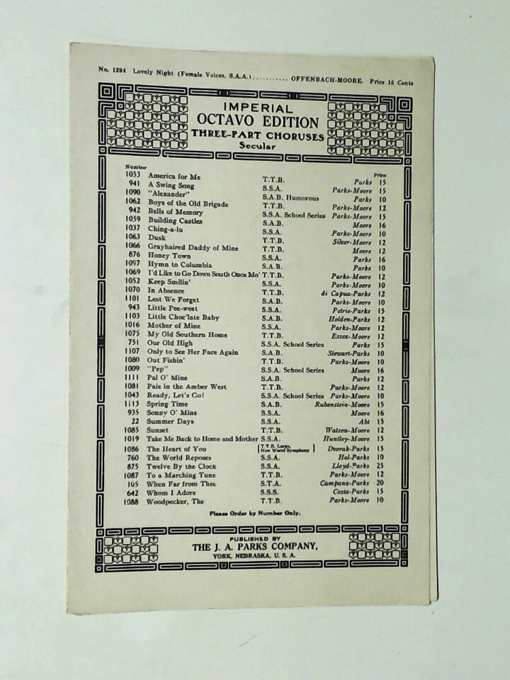 Lovely Night Female Voices SAA Offenbach-Moore 1935