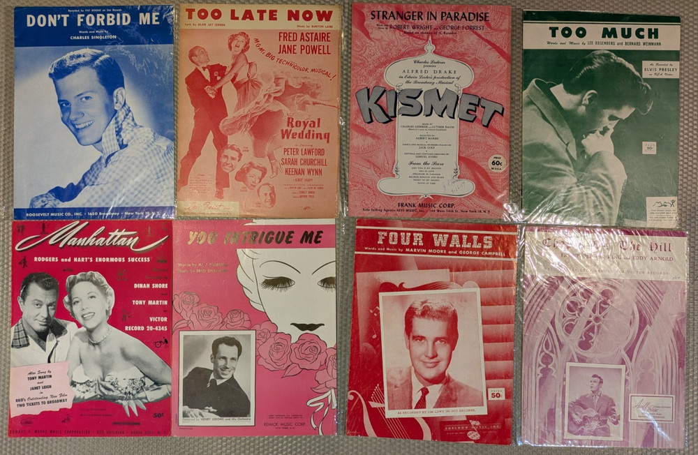 1950s Sheet Music Lot (8) Elvis Presley Too Much, Royal Wedding Astaire, Kismet