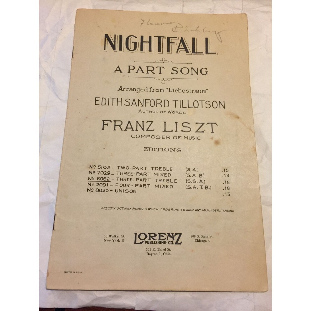 Nightfall A Part Song Arranged from Liebestraum Edith Sanford Tillotson/Franz Li