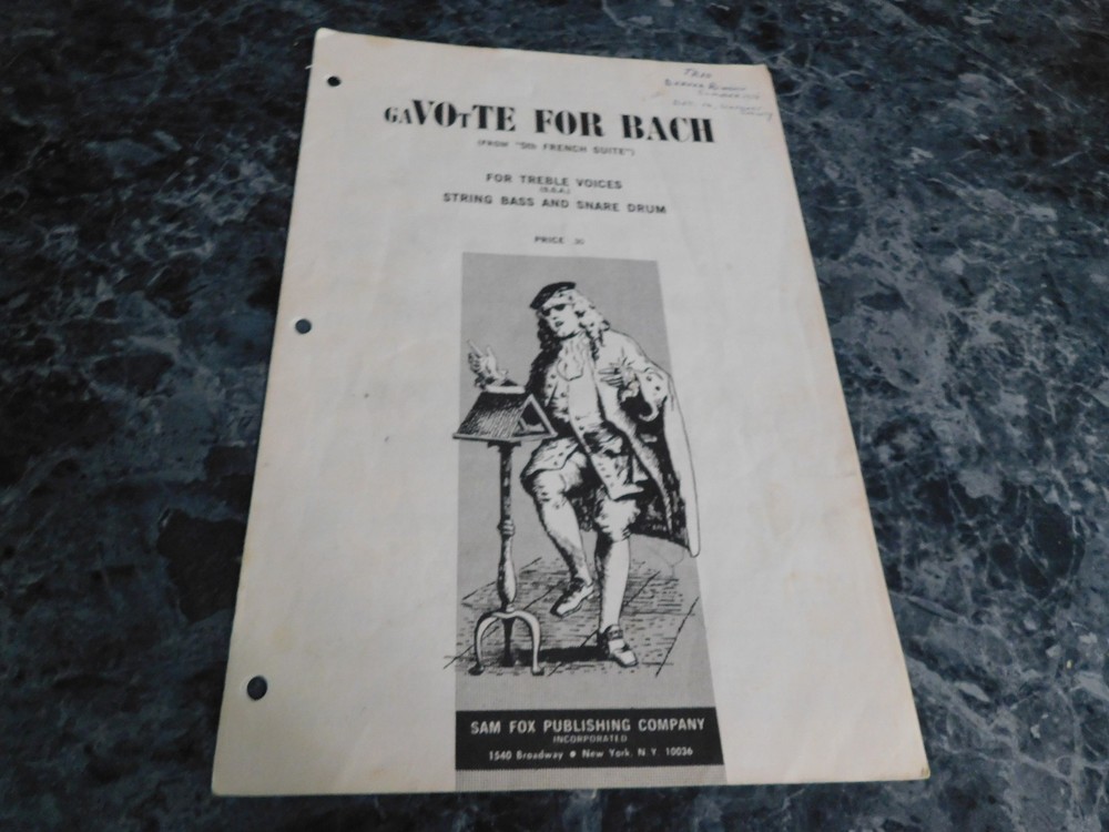 Gavotte for Bach from 5th French Suite SSA String Bass Snare Drum