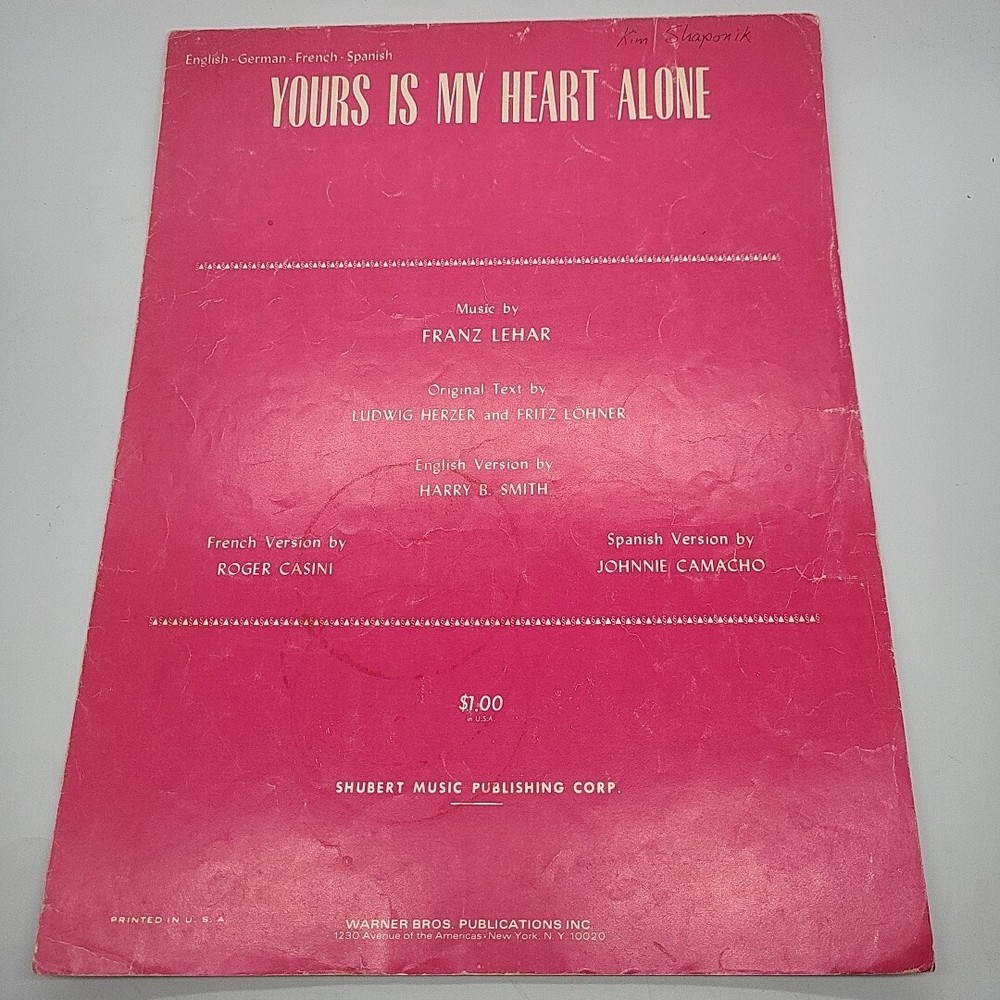 Yours Is My Heart Alone Franz Lehar Vintage Sheet Music 1929