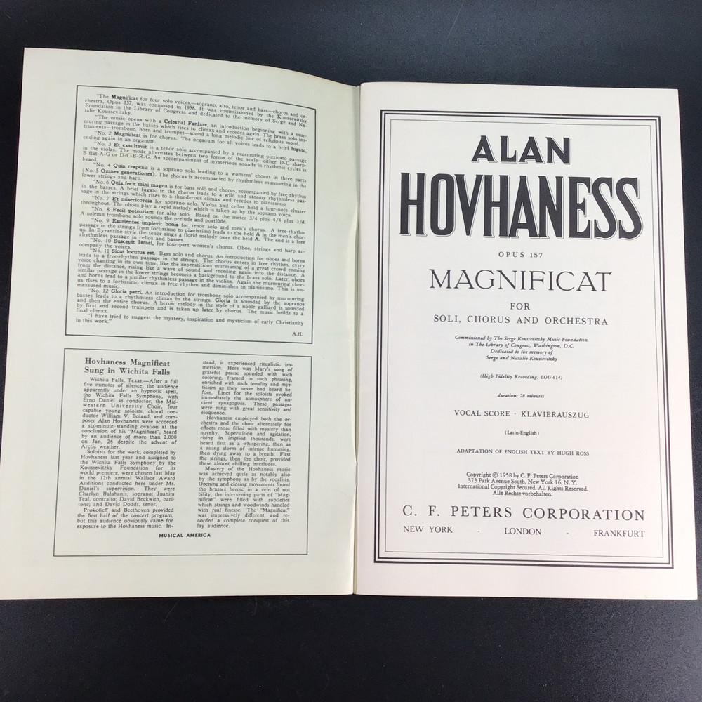 ALAN HOVHANESS 6108 Opus 157 Edition Peters Magnificat Vocal Score Klavierauszug