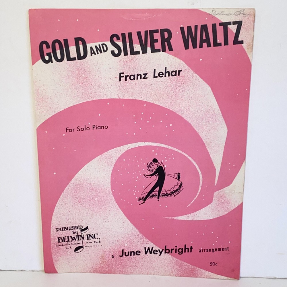Vintage 1960 Gold and Silver Waltz Piano Solo Sheet Music by Franz Lehar
