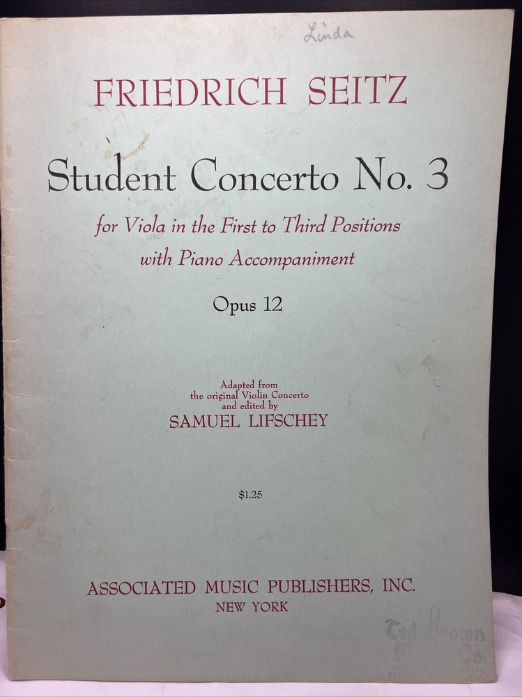 1955 Friedrich Seitz STUDENT CONCERTO No 3 FOR VIOLA with Piano Accompaniment