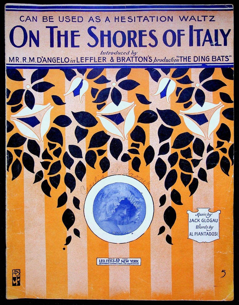 1914 WWI On the Shores of Italy Sheet Music Actress Singer Bessie Wynn Ding Bats