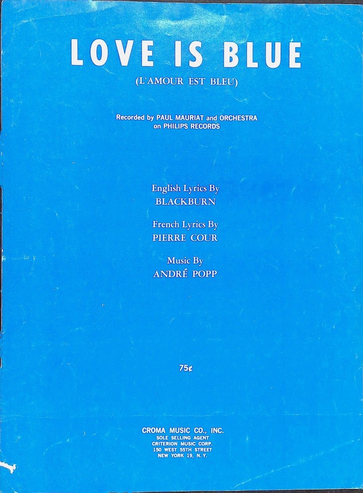 Love Is Blue Sheet Music Andre Popp Pierre Cour French Lyrics 1968 Pop Hit Song