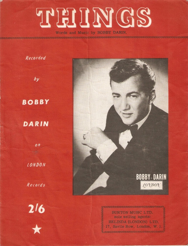 SHEET MUSIC BOBBY DARIN THINGS LONDON RECORDS 1962 R&R BEAT POP ROCKABILLY