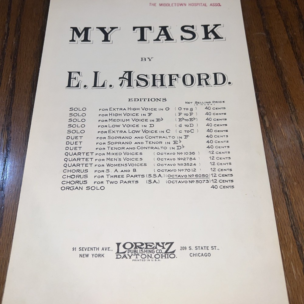 Sheet Music Vtg My Task Piano Voice Solo Medium Eb Ashford Lorenz Publishing
