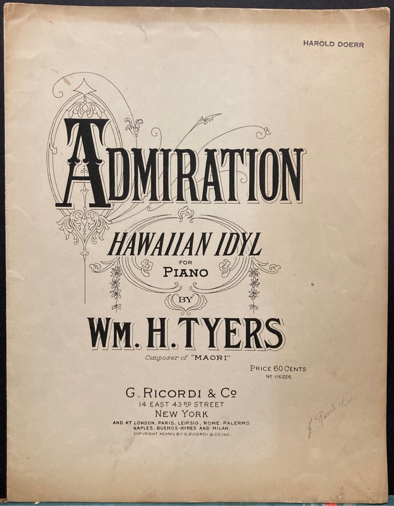Antique 1915 Sheet Music~African American Composer Wm. Tyers~Hawaiian~Admiration