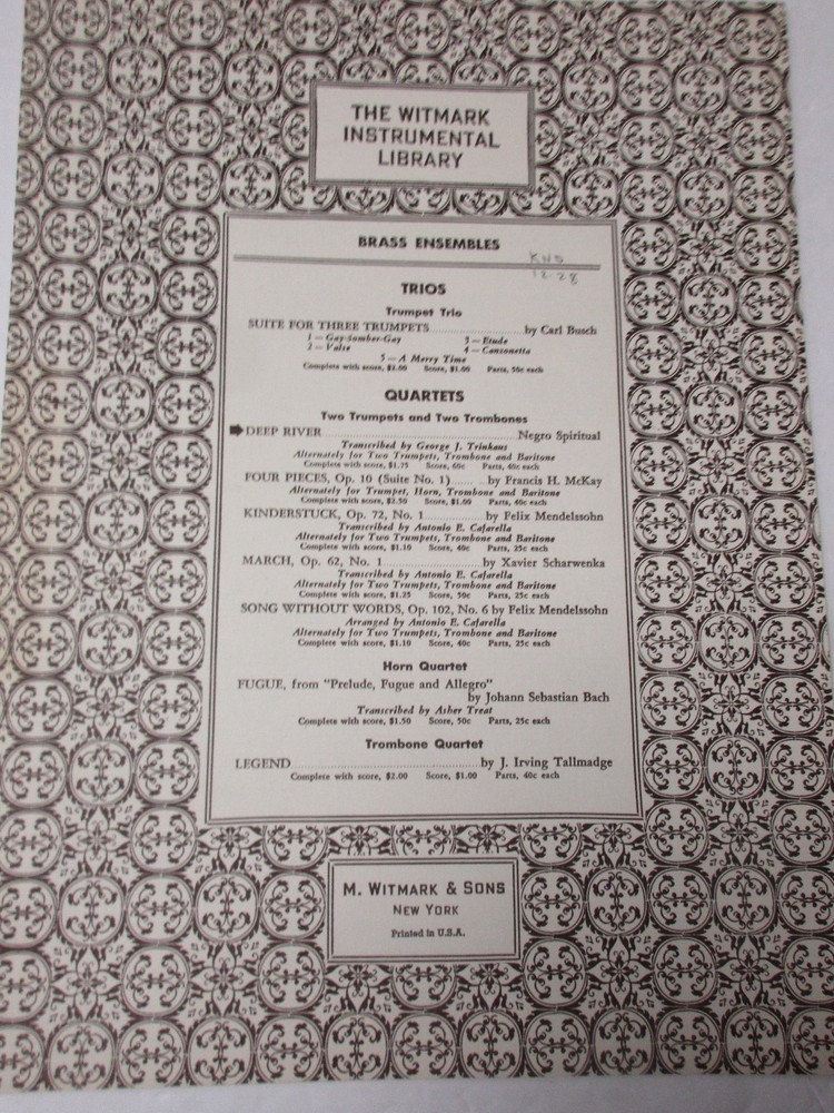Deep River Brass Quartet Trumpet & Trombone Baritone Sheet Music Negro Spiritual