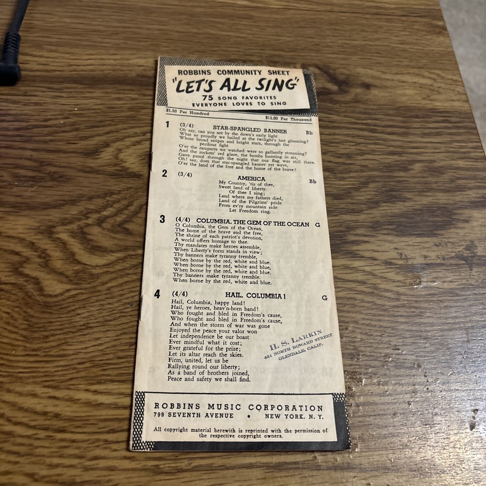 Robbins Community Sheet- Lets All Sing , Lyrics Pamphlet Circa 30s Robbins Music