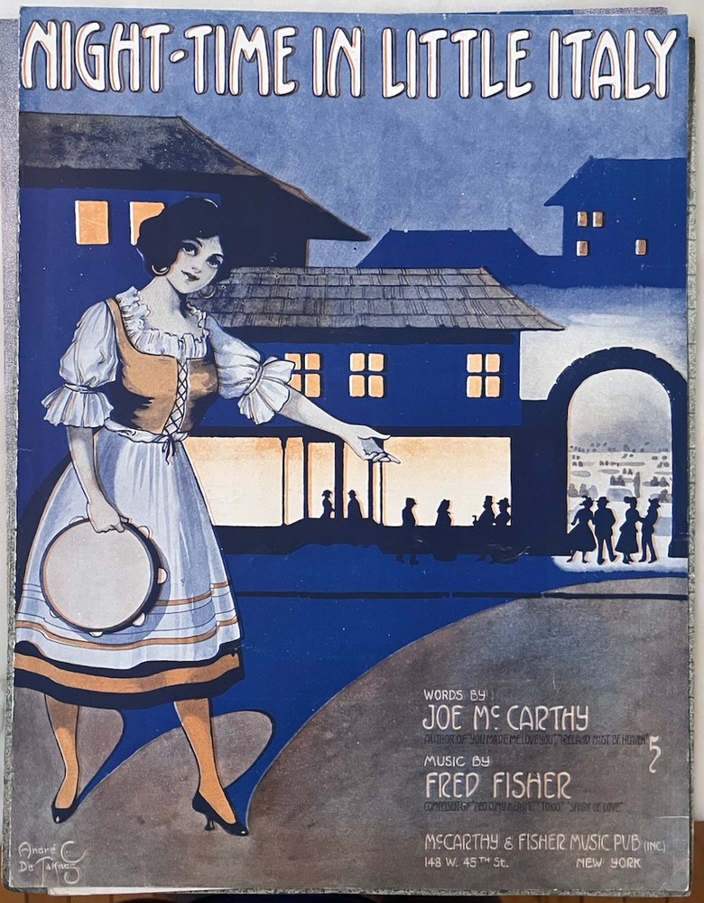 Night-Time in Little Italy – 1917 large sheet music – Andre De Takacs art