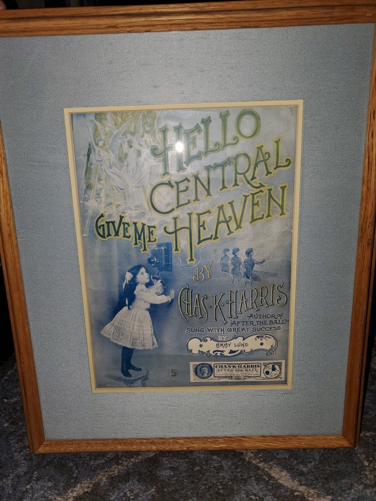 Original 1901 Framed Sheet Music Cover « Hello Central, Give Me Heaven » Vintage