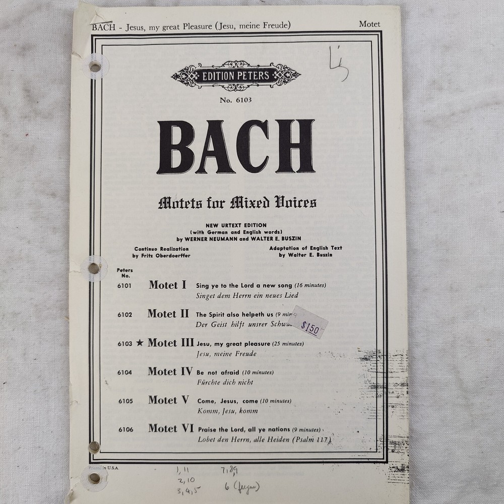 RARE 1959 Vtg « JESUS, MY GREAT PLEASURE » J. S. BACH Motets for Mixed Voices