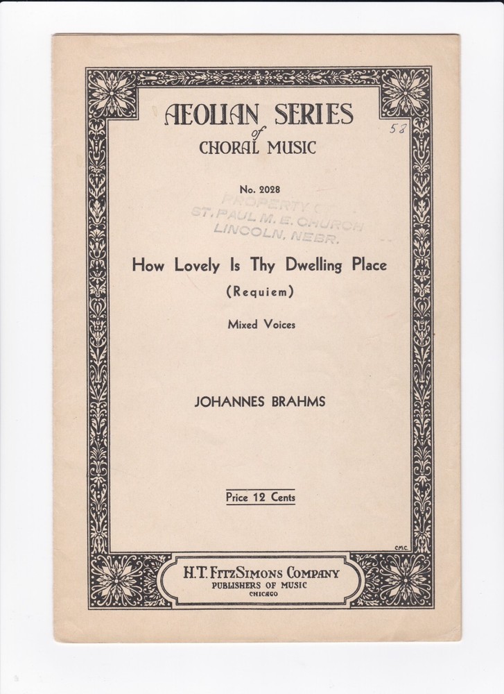 Vintage Sheet Music HOW LOVELY IS THY DWELLING PLACE (Requiem) by J. Brahms 1930