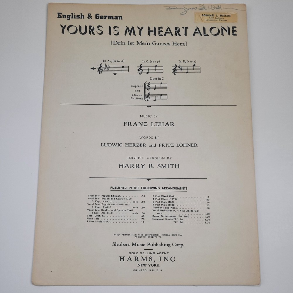 Vintage Sheet Music, &lsquo;Yours is My Heart Alone&rsquo; in Ab by Franz Lehar #SM2