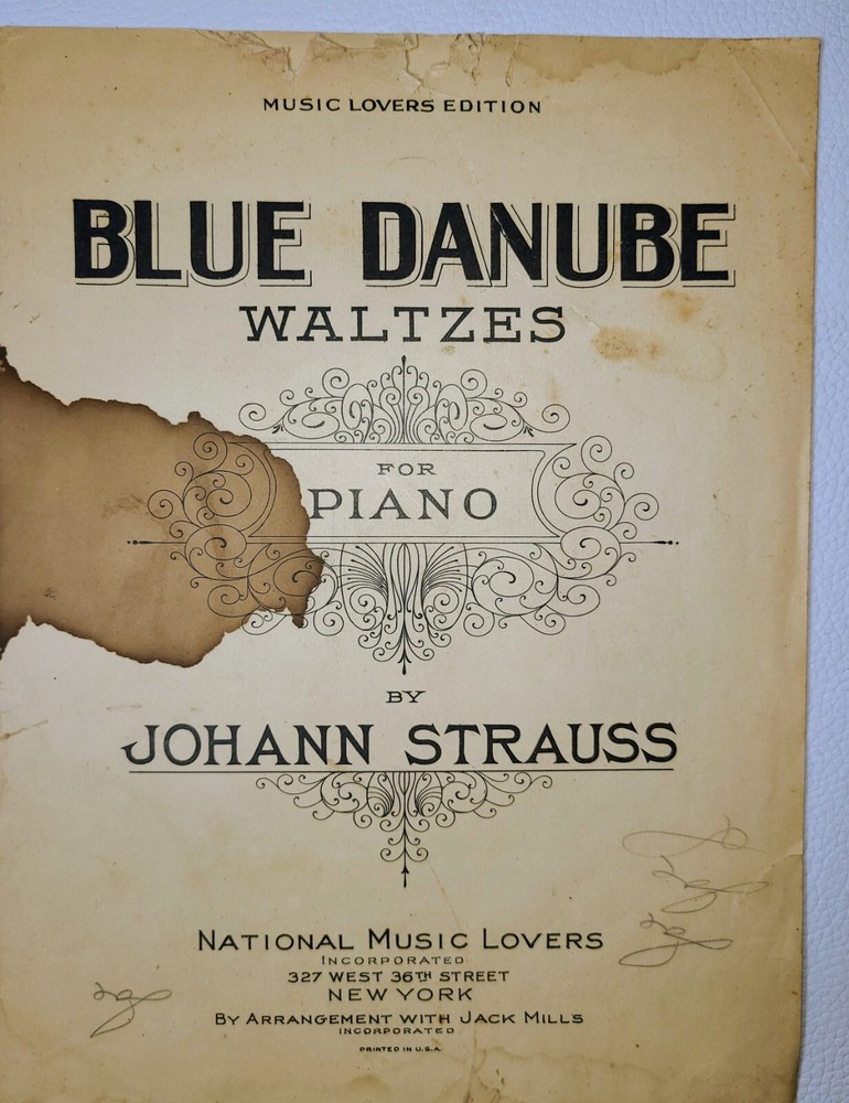 1924 Blue Danube Strauss Piano Sheet Music National Music Love Antique