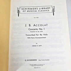 Accolay Concerto No. 1 Viola Piano Solo Sheet Music Schirmer Library 1955 Vtg