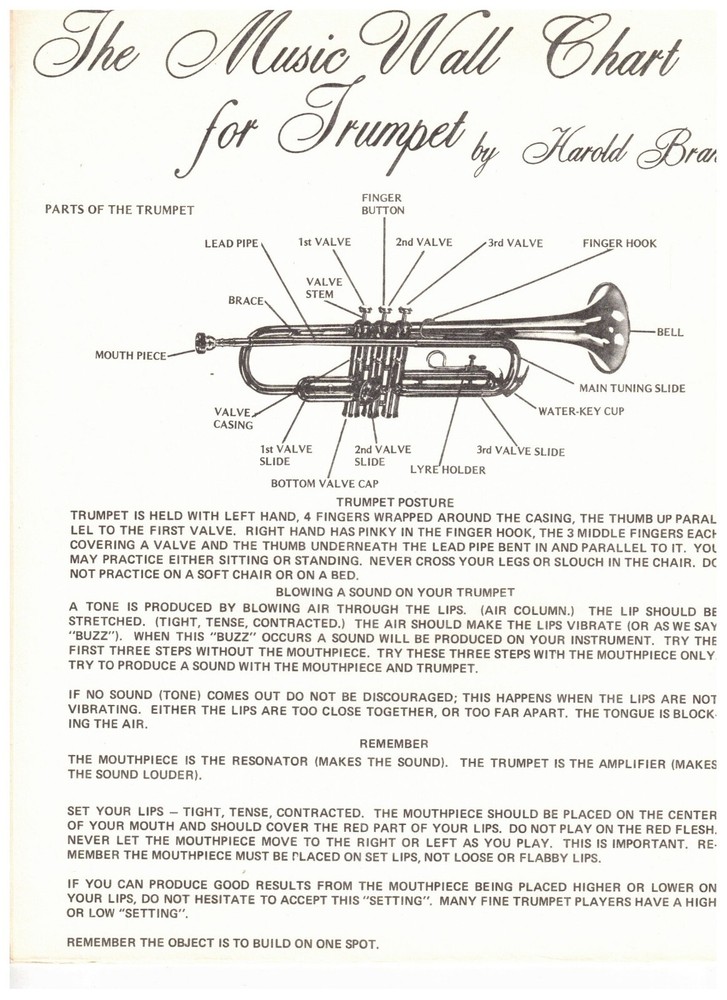 THE MUSIC WALL CHART FOR TRUMPET BY HAROLD BRANCH MULTIPLE PAGES NEW ON SALE