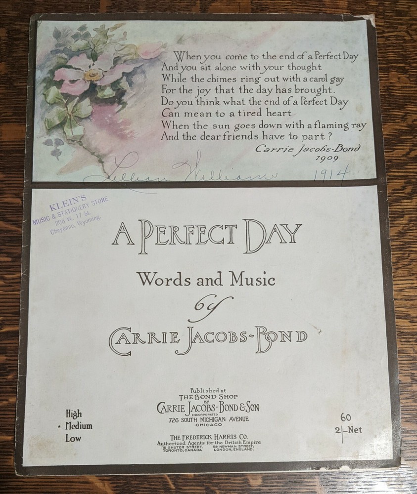 A PERFECT DAY 1914 Vintage Sheet Music LOVELY Artwork Frameable Wall Art 10&Prime;x14&Prime;