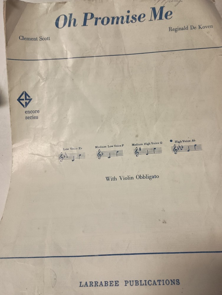 Oh Promise Me High Voice A flat by Clement Scott (1962, Sheet Music) D2