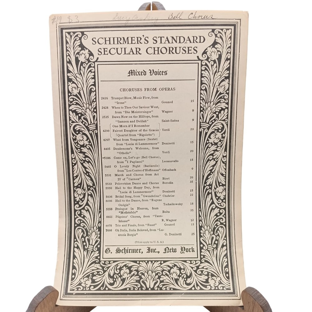 Antique Sheet Music, Bell Chorus Come On Lets Go by Leoncavallo Secular Choruses