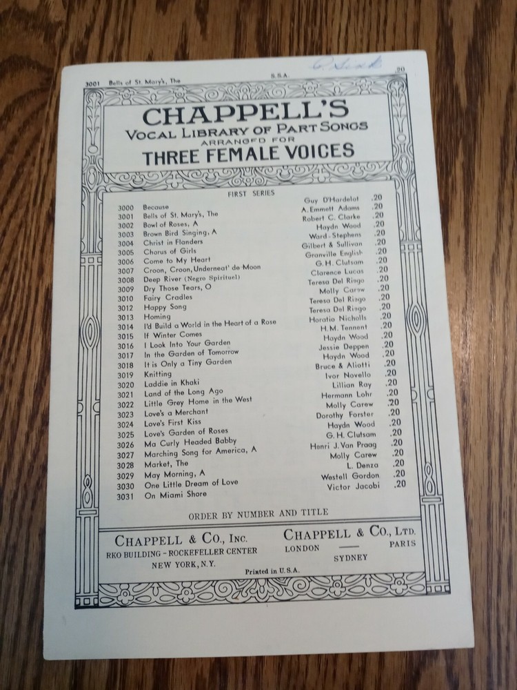 Chappell&rsquo;s Vocal Library Of Part Songs Arranged For Three Female Voices