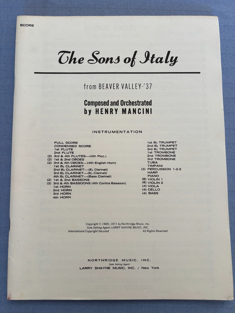 RARE! Sons of Italy from Beaver Valley &rsquo;37 for Band, H. Mancini: Full Score 1971