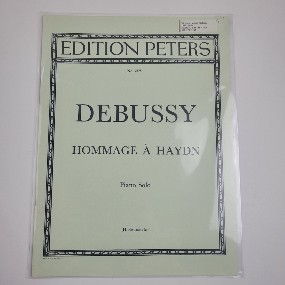 Debussy&rsquo;Hommage A. Hayden&rsquo; Piano Solo, Edition Peters Sheet Music, #SM2