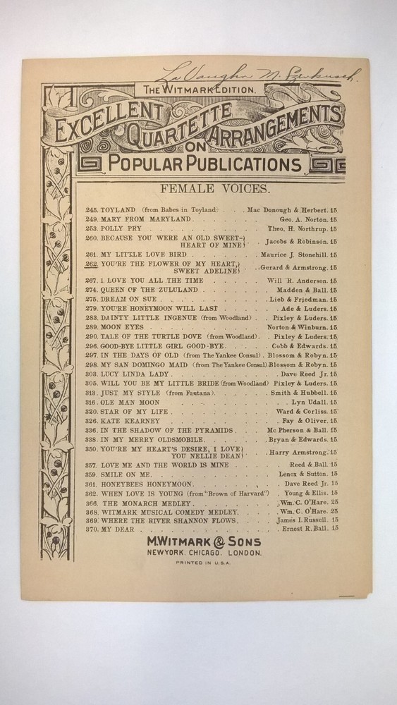 You&rsquo;re The Flower Of My Heart Sweet Adeline 1926 Song Sheet Music Female Voices