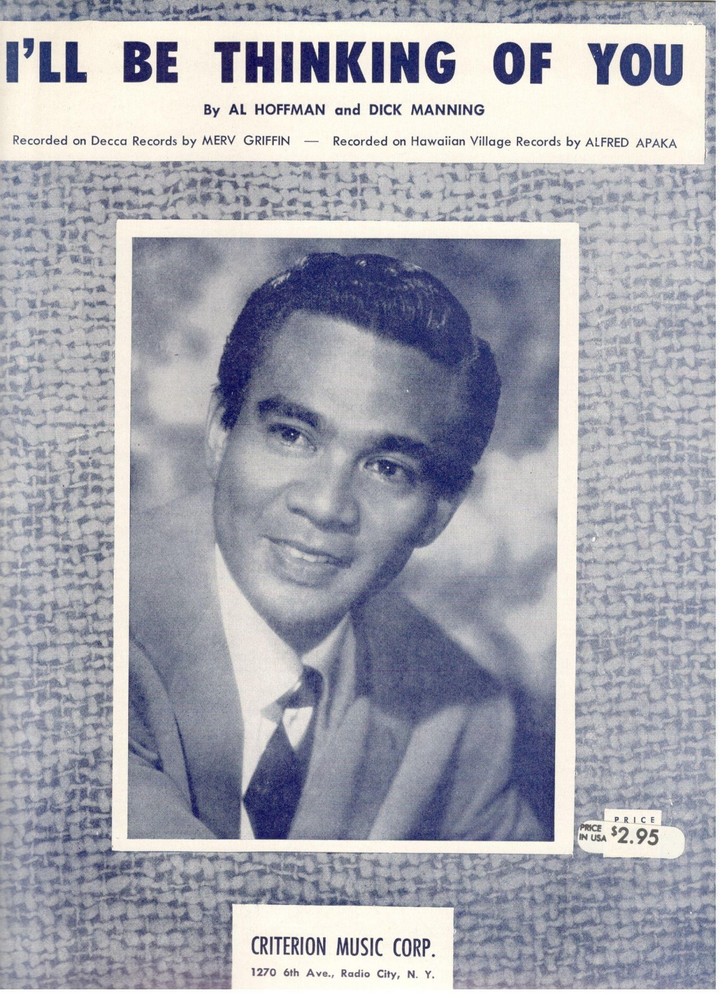 MERV GRIFFIN/ALFRED APAKA « I&rsquo;LL BE THINKING OF YOU » SHEET MUSIC-1957-RARE-NEW
