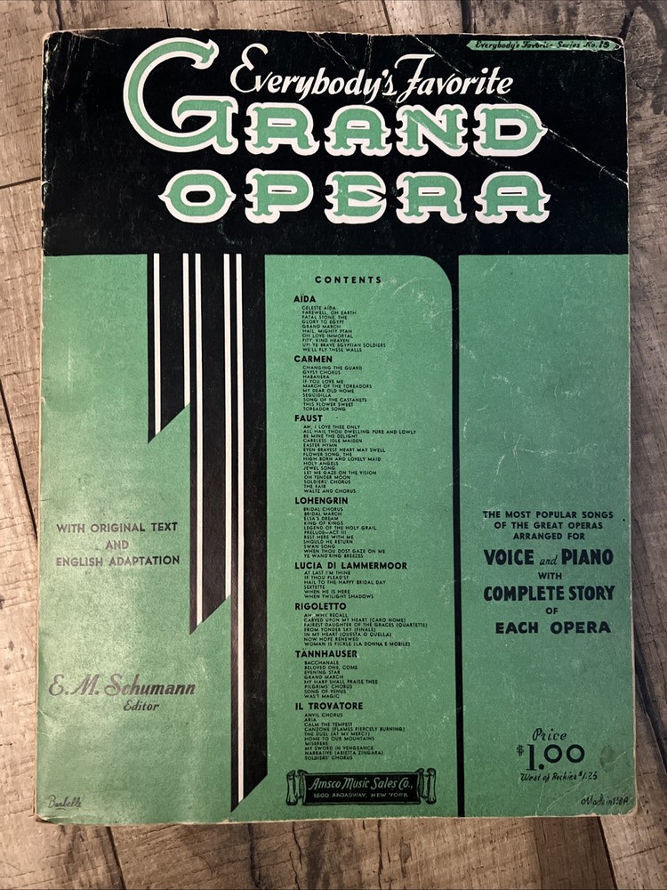 1937 Everybody&rsquo;s Favorite GRAND OPERA sheet music book Aida,Carmen,Faust,Verdi +