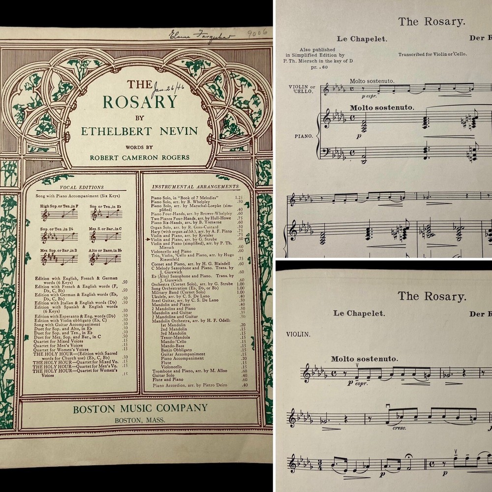 THE ROSARY Piano Violin Cello Sheet Music 1903 Boston Music Co. NEVIN STRUBE