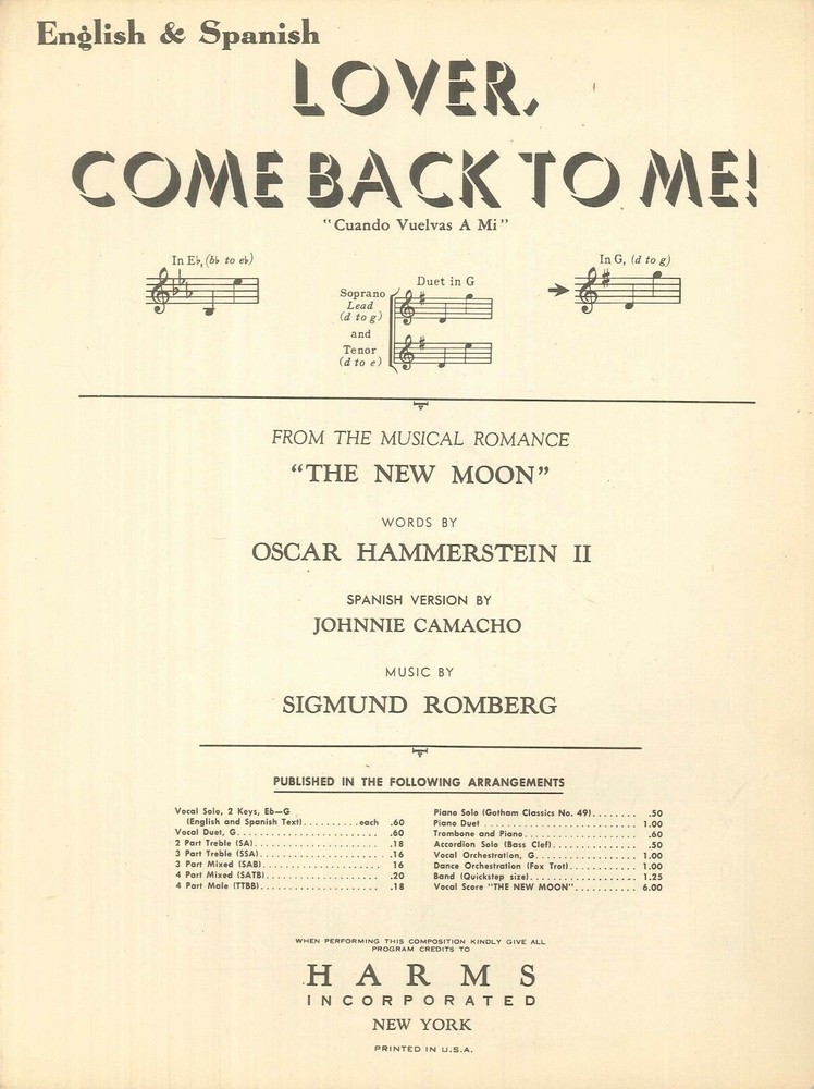 Lover Come Back To Me Sheet Music Solo Voice In G Piano 1947 Spanish English