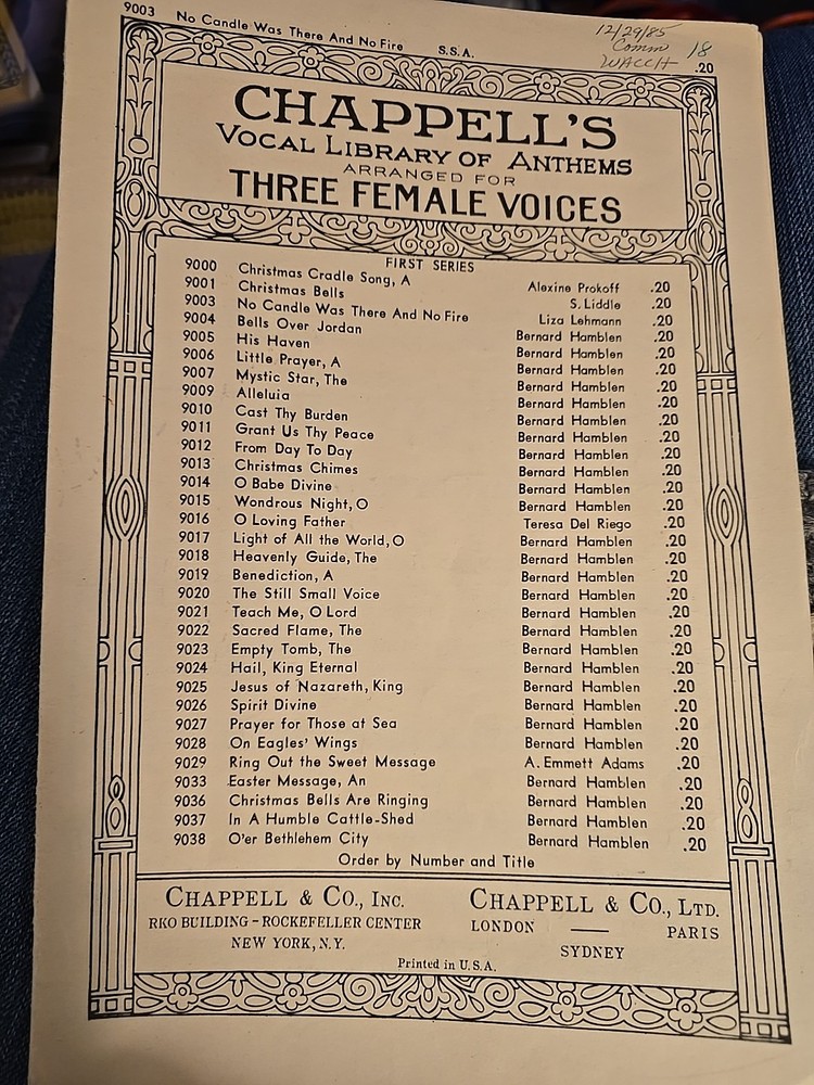 No Candle Was There and No Fire Chappell&rsquo;s Vocal Library Three Female Voices SM
