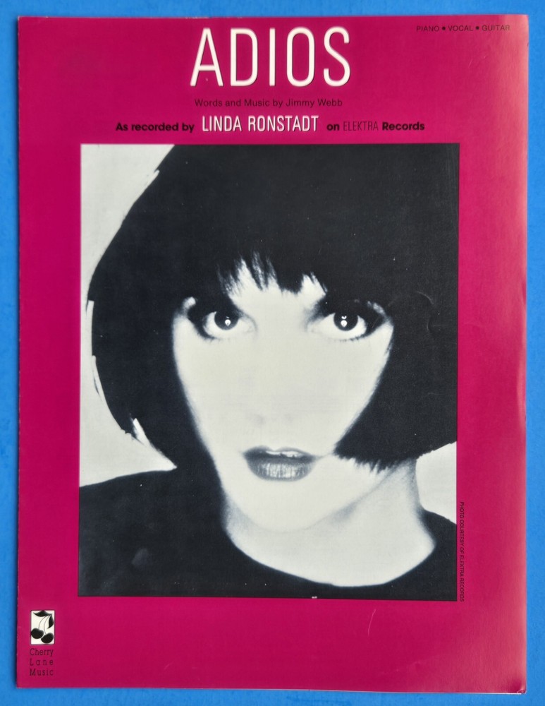 Linda Ronstadt Adios Sheet Music Piano Vocal Guitar Cherry Lane 1981 USA SELLER