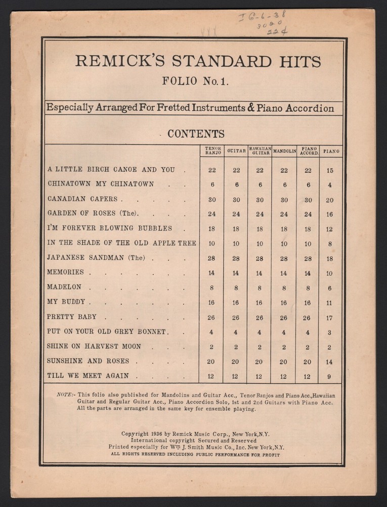 Remick&rsquo;s Standard Hits – Folio No.1 – Arranged for Multiple Instruments – 1936